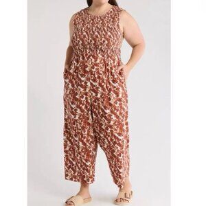 Calvin Klein Floral Jumpsuit Brown Orange Smocked Wide Leg Sleeveless Fall NWT14